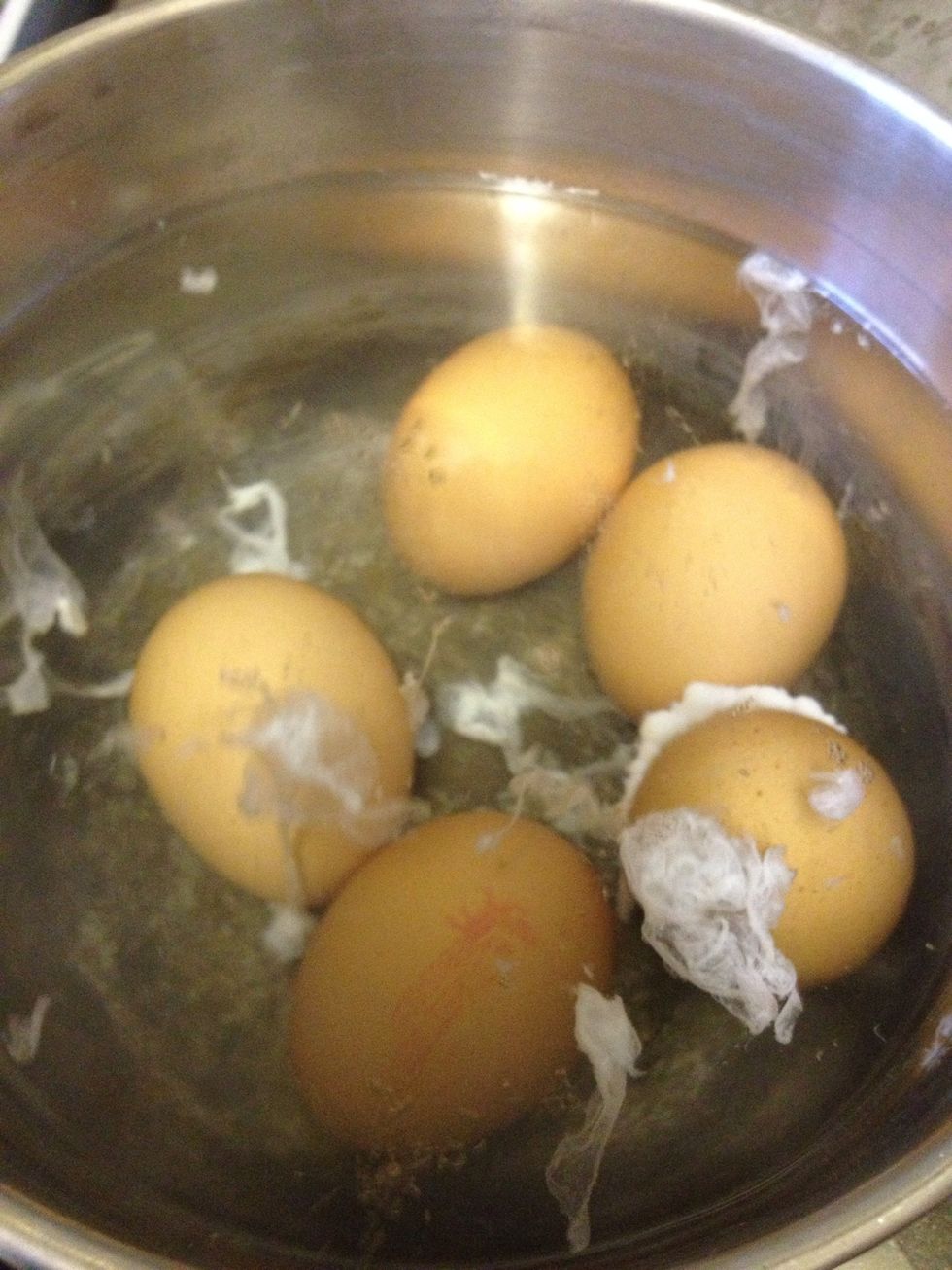 Put 5-6 eggs to boil (mine cracked as I put them in boiling water of course :D). Make sure you salt the water as it's gonna be easier to remove the shell when they're done.
