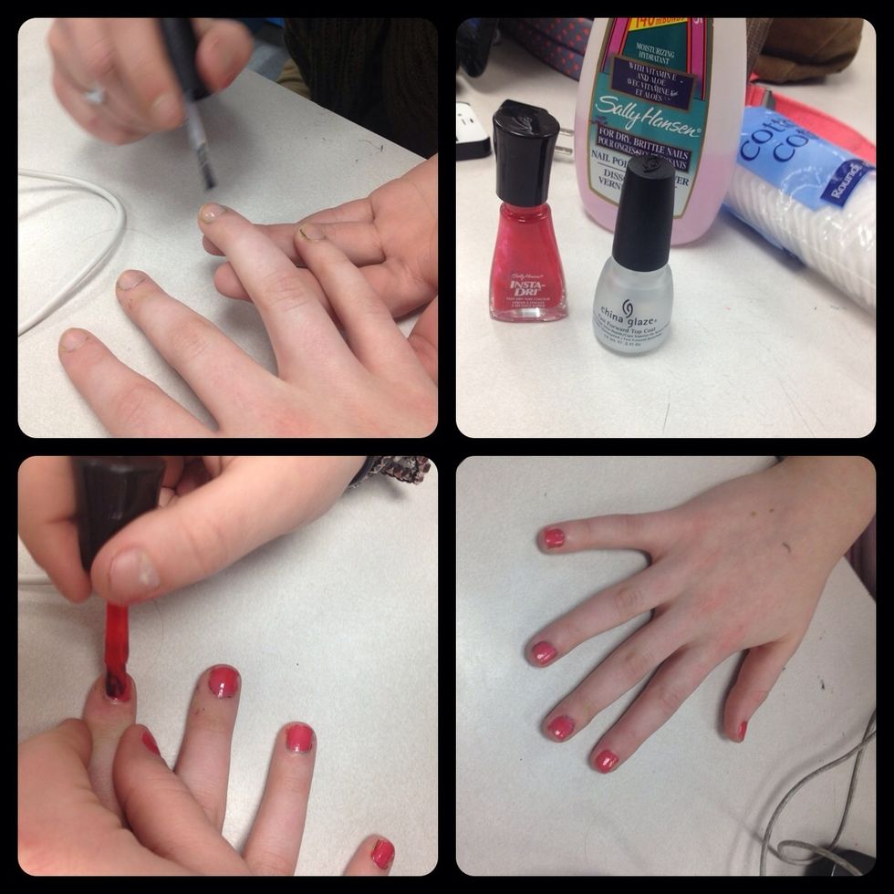 Put a base coat on the nails first  put a layer of red nailpolish on your nails  Wait for it to dry, and apply a second coat.  Once dry place a top coat