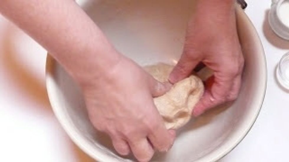 Put a bit of vegetable oil in the bowl and roll your dough into a ball. Put some plastic wrap over the top of the bowl and stash it in a warm place for at least an hour. The dough will double in size.