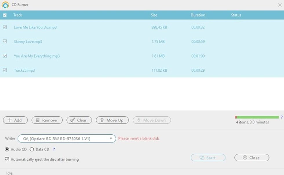 Put a blank CD to your computer. After that, you can select to burn the recordings to Audio CD or Data CD. Finally, press "Start" button to start burning Spotify music to CD.