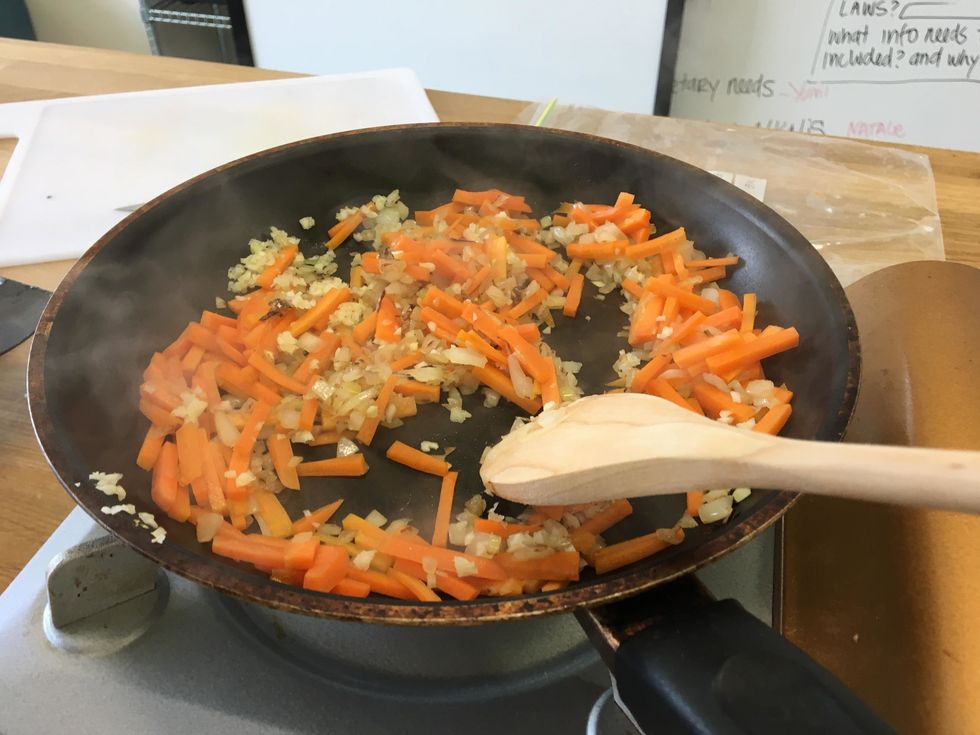 Put a drizzle of olive oil on a pan, and then fry the tofu