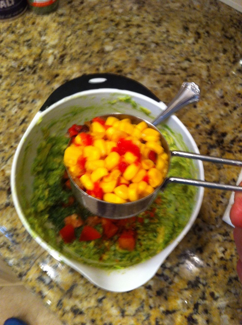 Put a heaping cup of whole kernel corn into the bowl. I used a southwestern style that had some small pieces of red peppers in the mix.