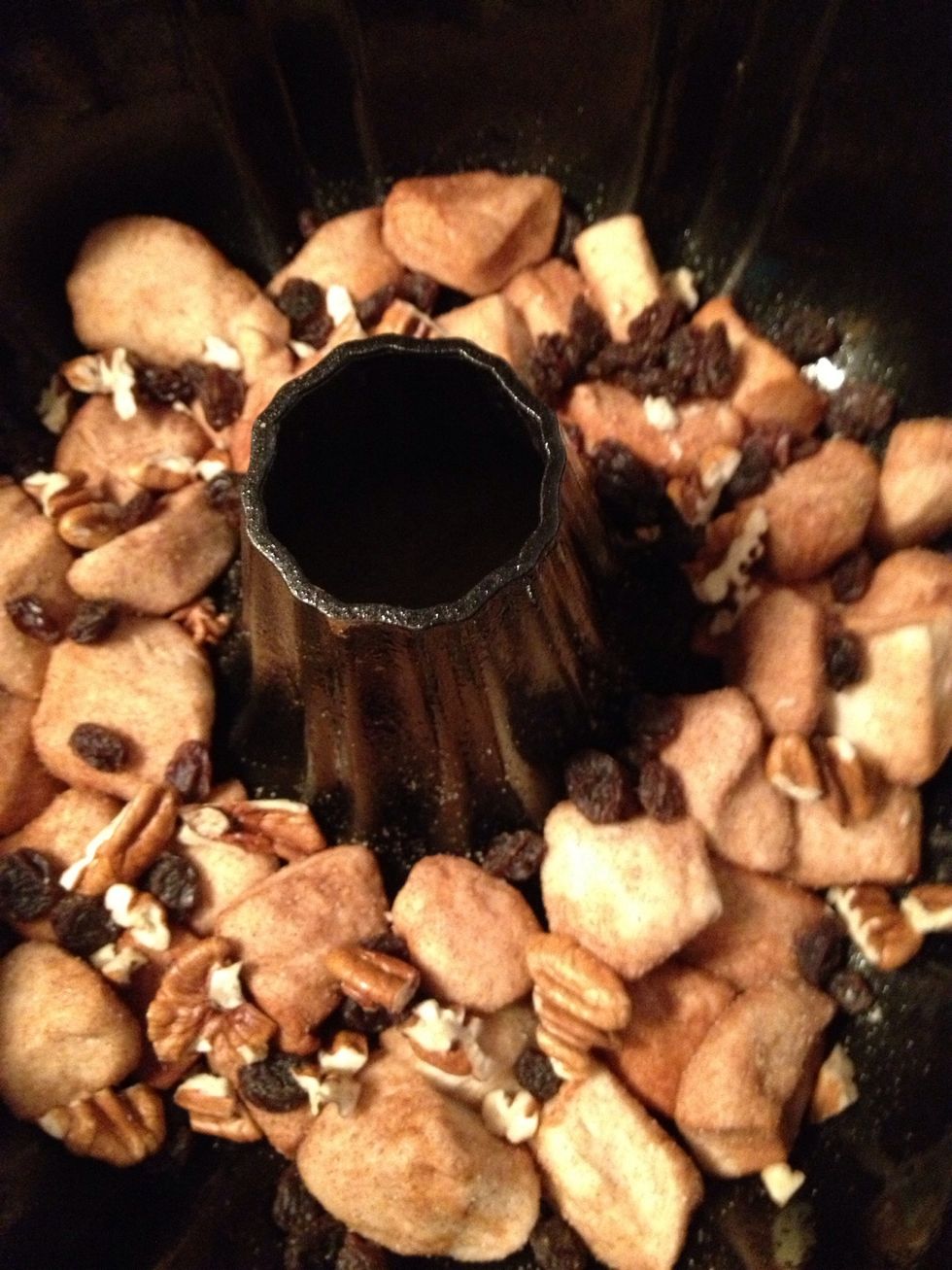 Put a layer of biscuits then sprinkle with pecans and raisins