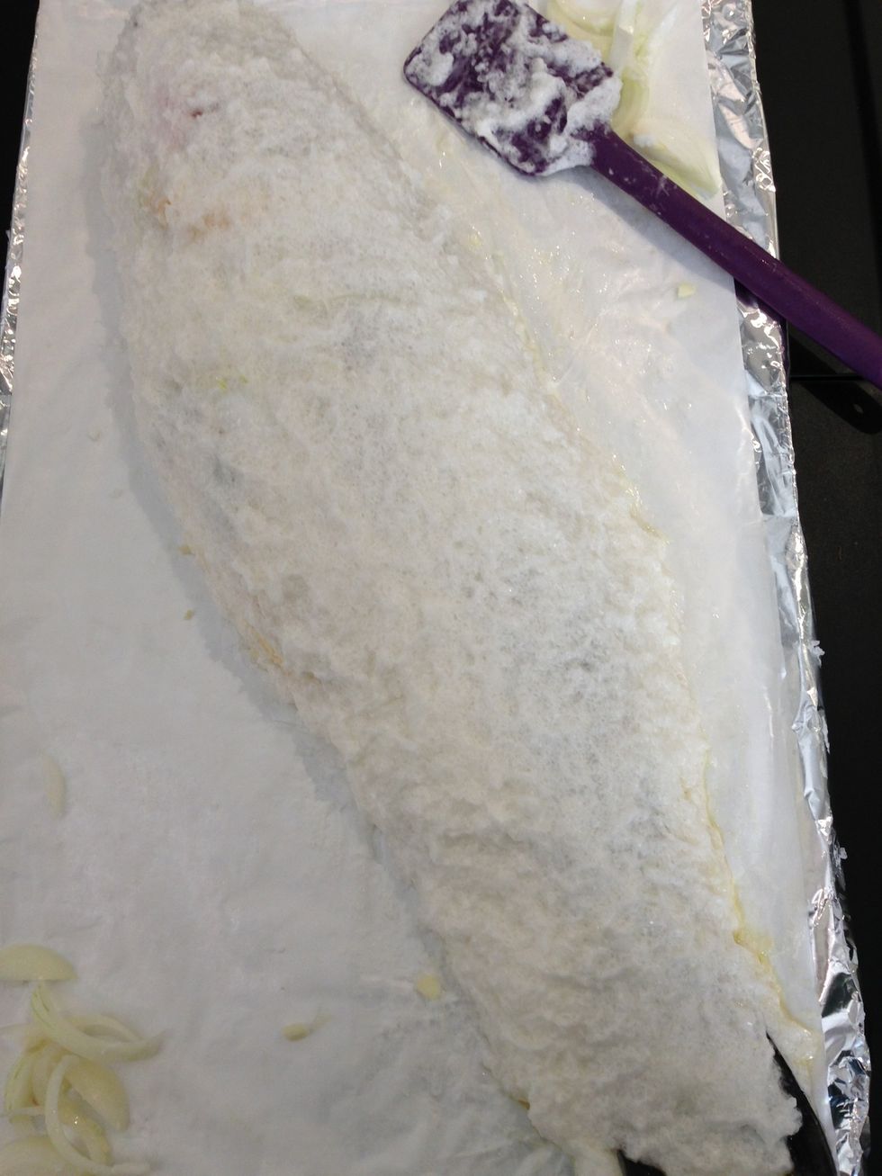 Put a layer on the tray then cover well with the rest of the salt mix