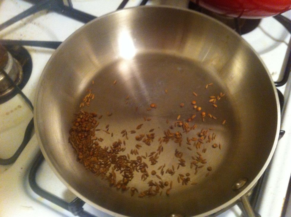 Put a pan on medium heat and dry roast your seeds. Get them nice and brown and smelling good. Make sure and move them around so they don't burn.