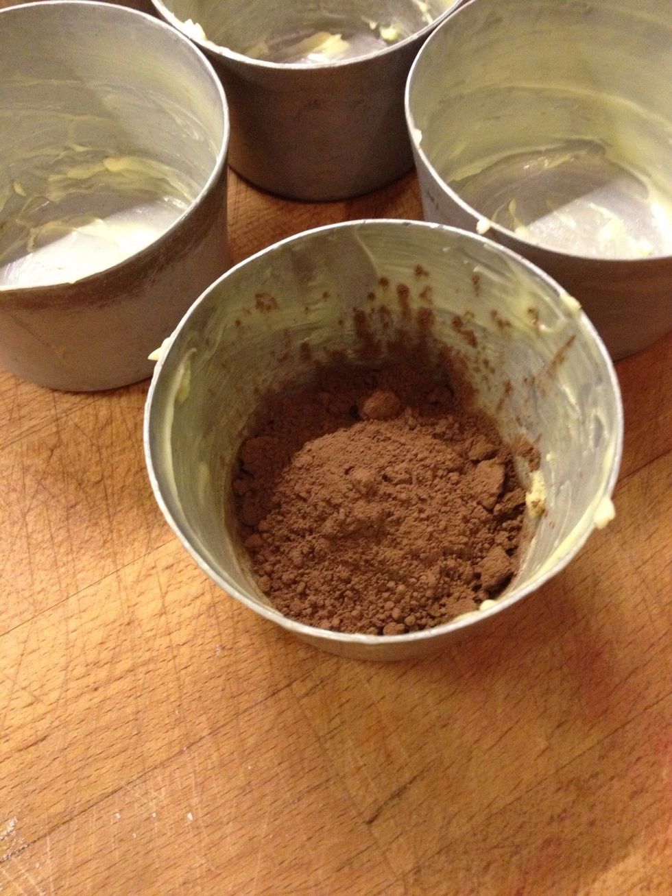 Put a spoonful in the first mould and turn it on its side to evenly coat all around, then tip the cocoa powder into the next mould and repeat