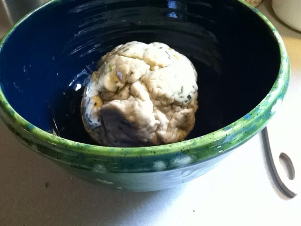 Put a tablespoon of oil in a bowl. Form the dough into a ball and place in bowl spinning once to coat the bread. Cover with plastic and let rise for a couple of hours, until the dough doubles in size.