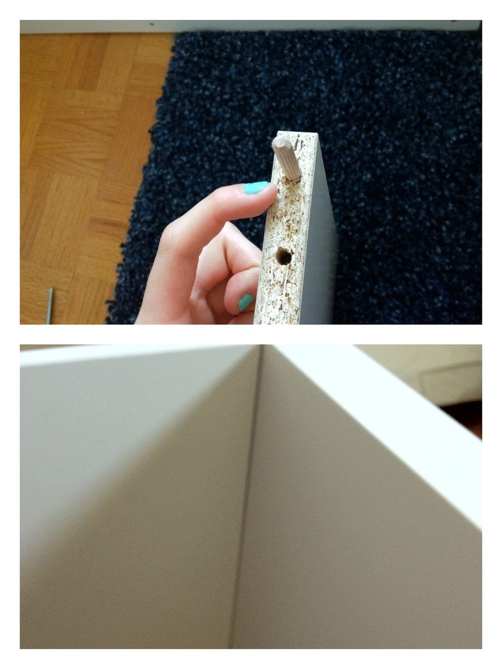 Put a wooden peg into the two outside holes of the smallest rectangle piece.