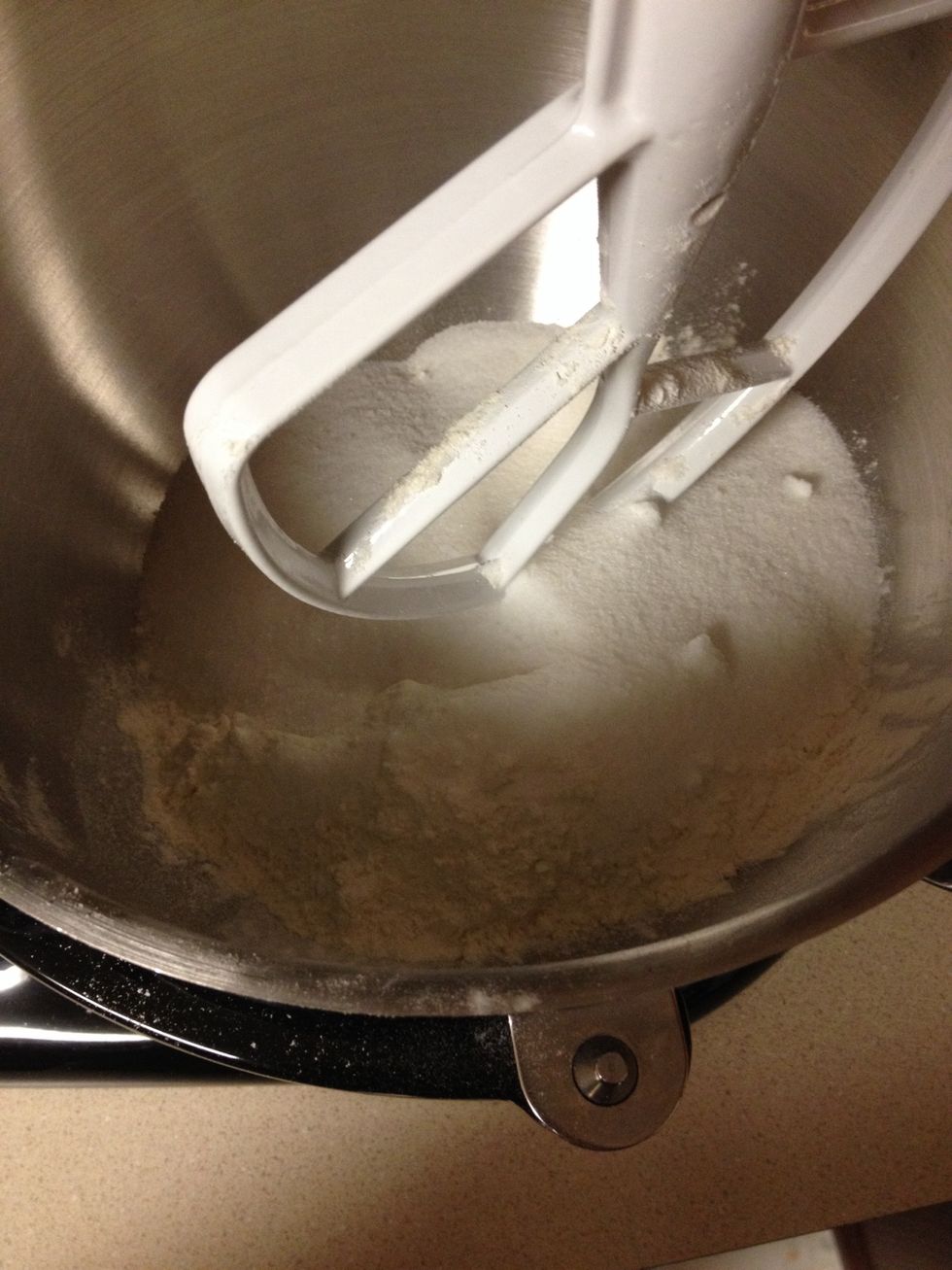 Put all dry ingredients (including sugar) into the mixer.  Mix to combine
