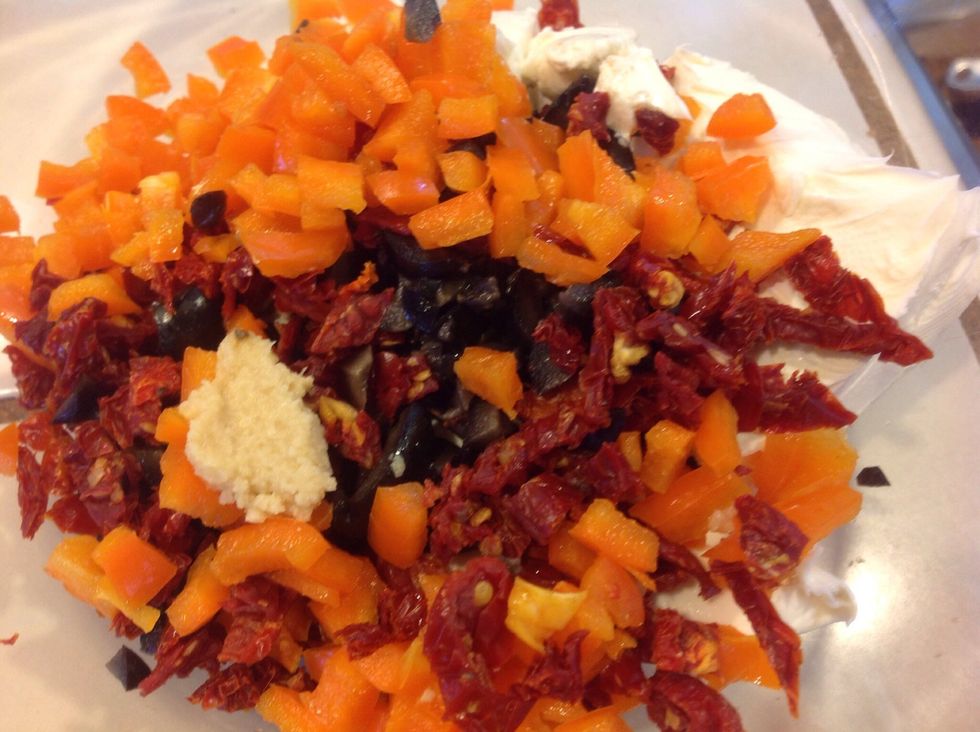 Put all in a mixing bowl (I added a tsp. of minced garlic). Blend well.