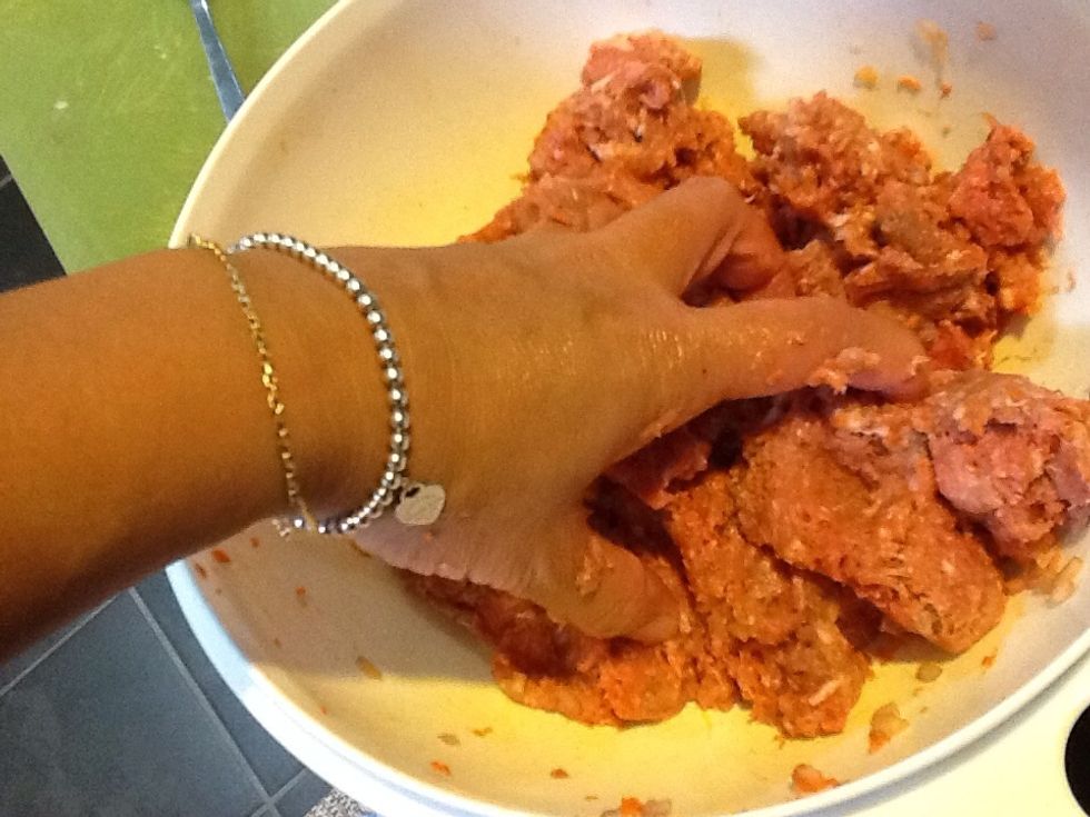 Put all ingredients into a large bowl and act like a 1 year old squishing bananas with your fingers. Really mix until everything is well combined.