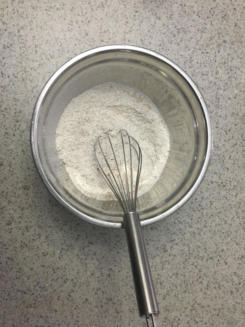 Put all of the dry ingredients in a large bowl and stir it all together until it is evenly mixed