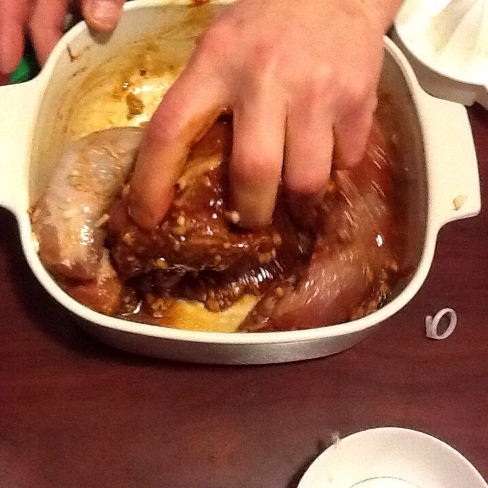 Put all of the ingredients of the marinade into a bowl and mix it all up, leave in the fridge to marinade for an hour+ (preferably overnight) covered.