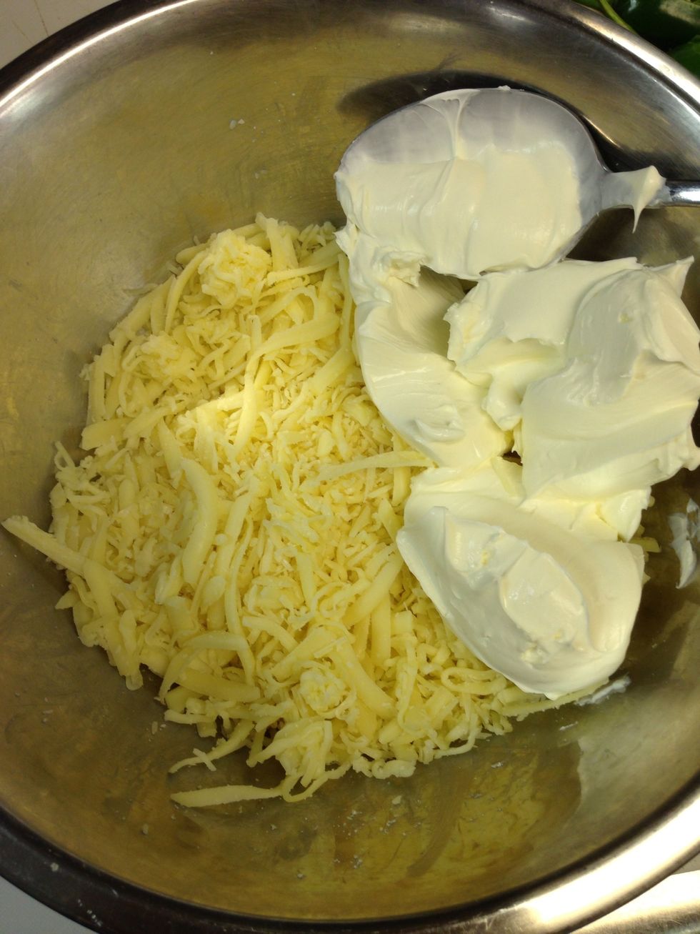 Put all the shredded cheeses in a bowl and add the cream cheese, you can use any kind of cheese you like!!