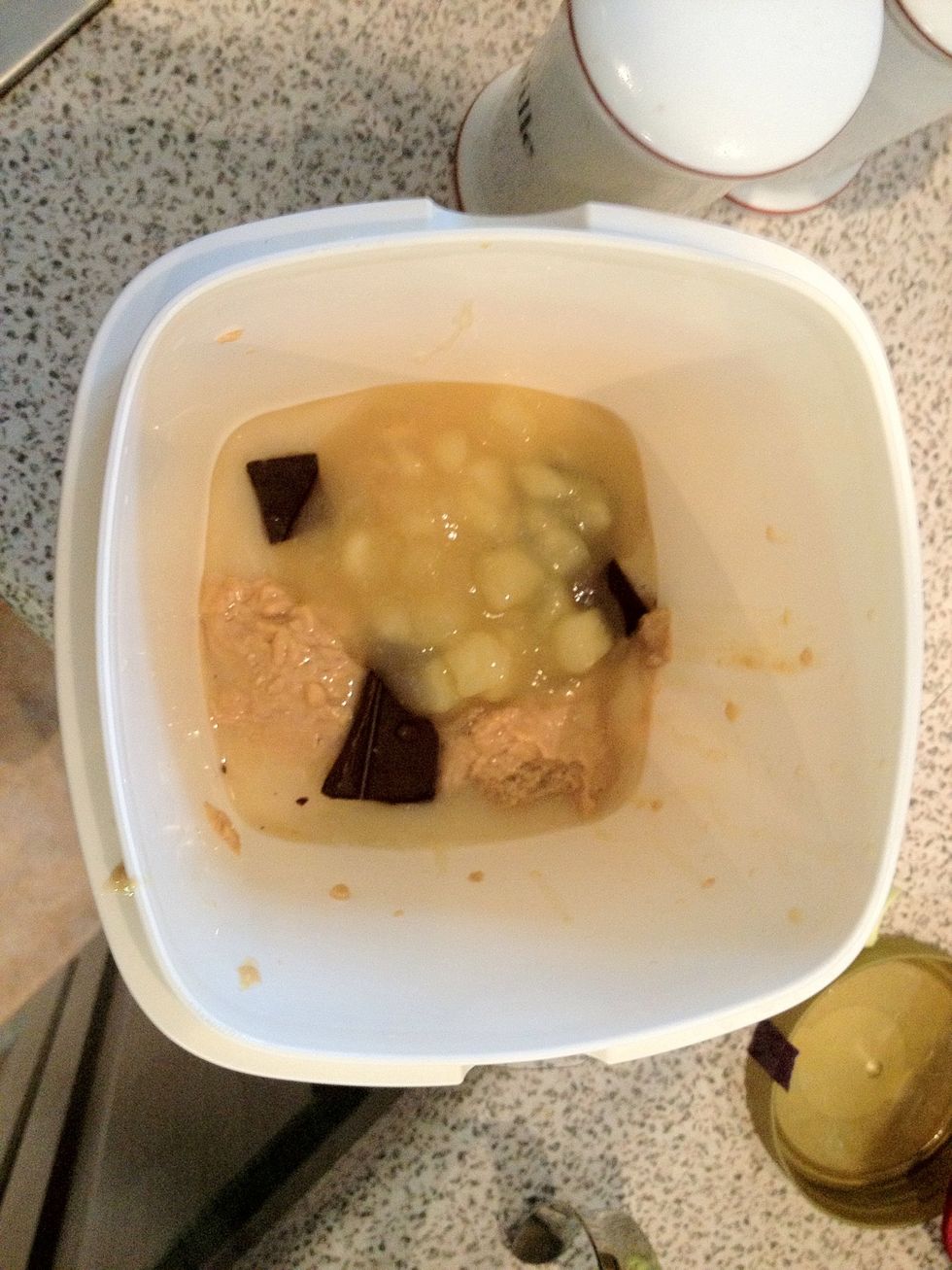 Put all the wet ingredients (including the chocolate) in a bowl that can go in the microwave