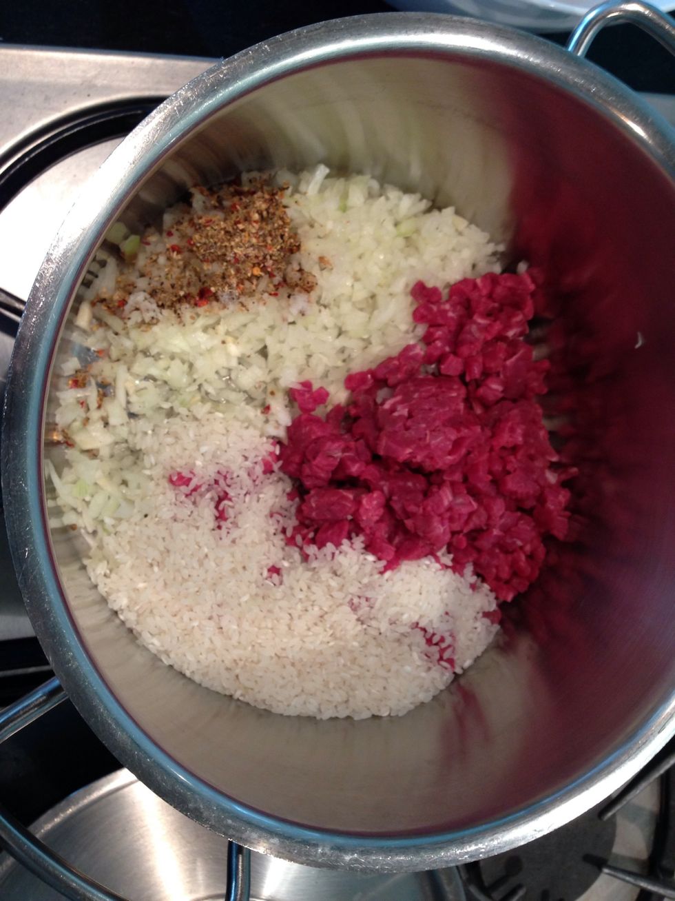 Put all together: meat rice onion spices butter (yogurt). Mix well.