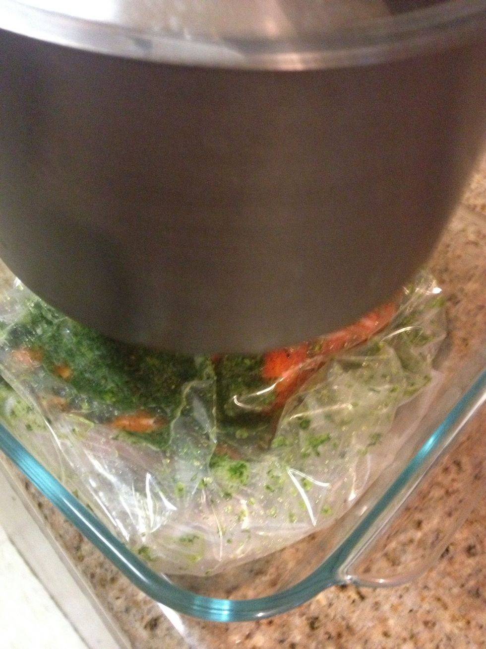Put bag in a flat dish and add a heavy weight that covers the whole fish. I'm using a a heavy pot filled with water. Every 12 hours flip the fish and after 72 hours your good to go