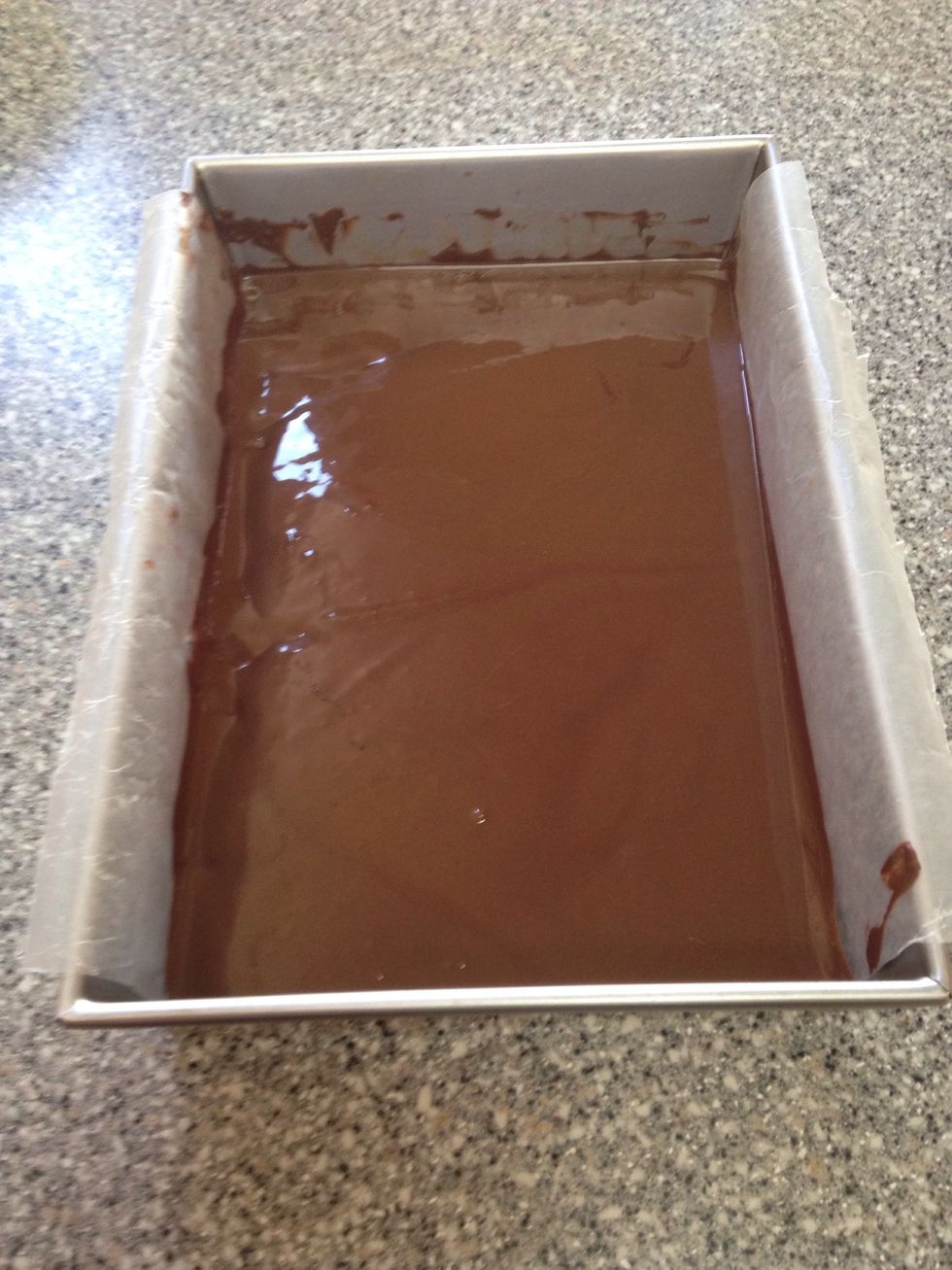 Put baking pan in the freezer on a level surface (so the chocolate doesn't run to one side and cool unevenly) for 20 minutes.