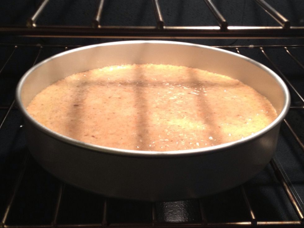 Put batter into three 9" round cake pans that have been greased and floured.  Cook for 35 minutes. ( check with a toothpick) time may vary according to the different ovens.