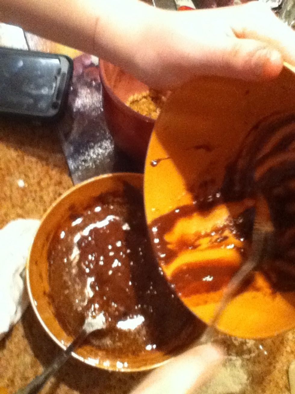 Put both bowls together; mix. You can add chocolate chips if you want.