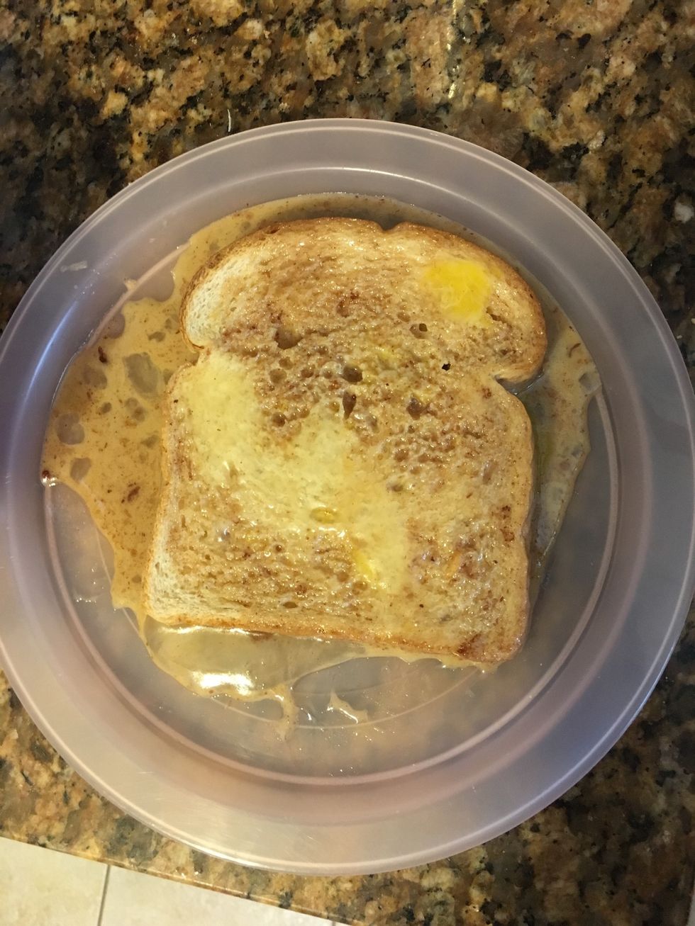 Put bread on a plate and pour your mixture on top flip to both sides