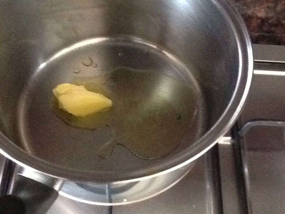 Put butter and oil in pot on low temperatures  Tbs of olive oil - 119 calories 0g protein 13.5g fat 0g carbohydrates