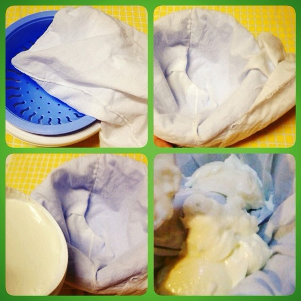 Put colander over bowl and then put cloth bag. Put yogurt using spoon inside the cloth bag.