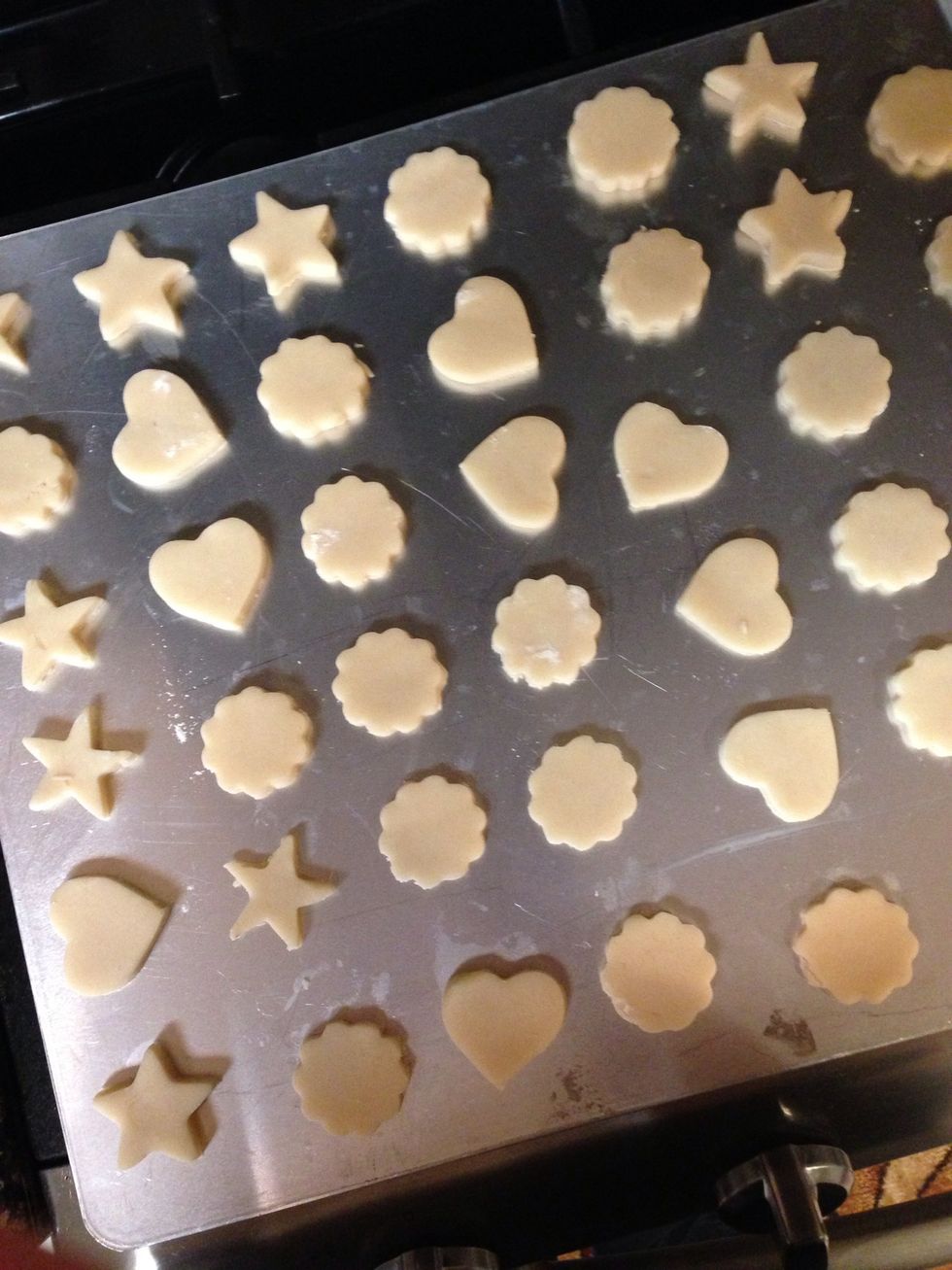 Put cookies in oven. Bake 30-40 minutes (40 in my oven). When firm they're done. Put on rack.