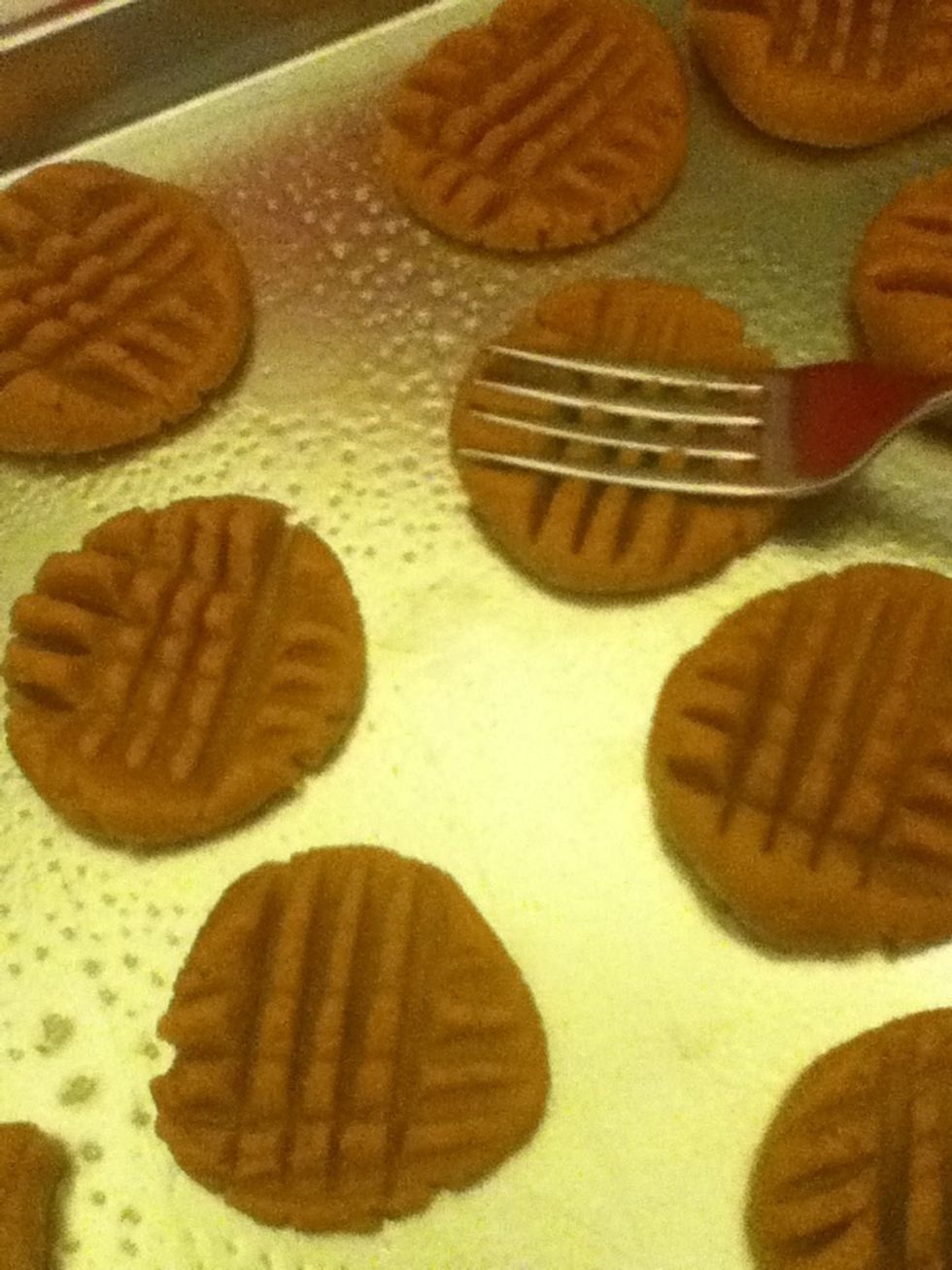Put cookies onto a baking sheet (roughly 20 large cookies) and do the fork thing to flatten them a bit