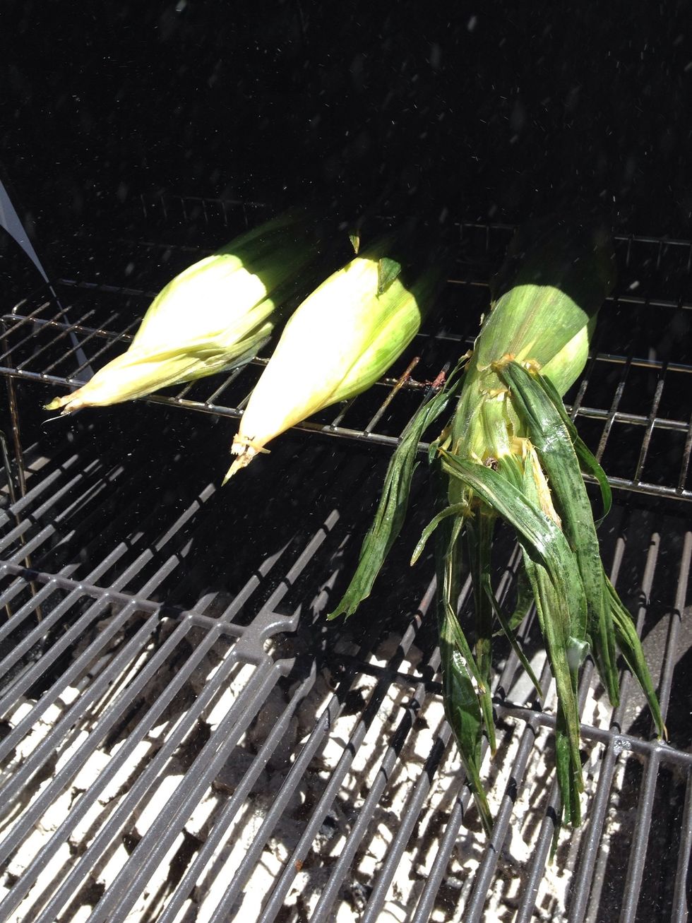 Put corn on grill for about 30 minutes. Husk will get toasted when done.