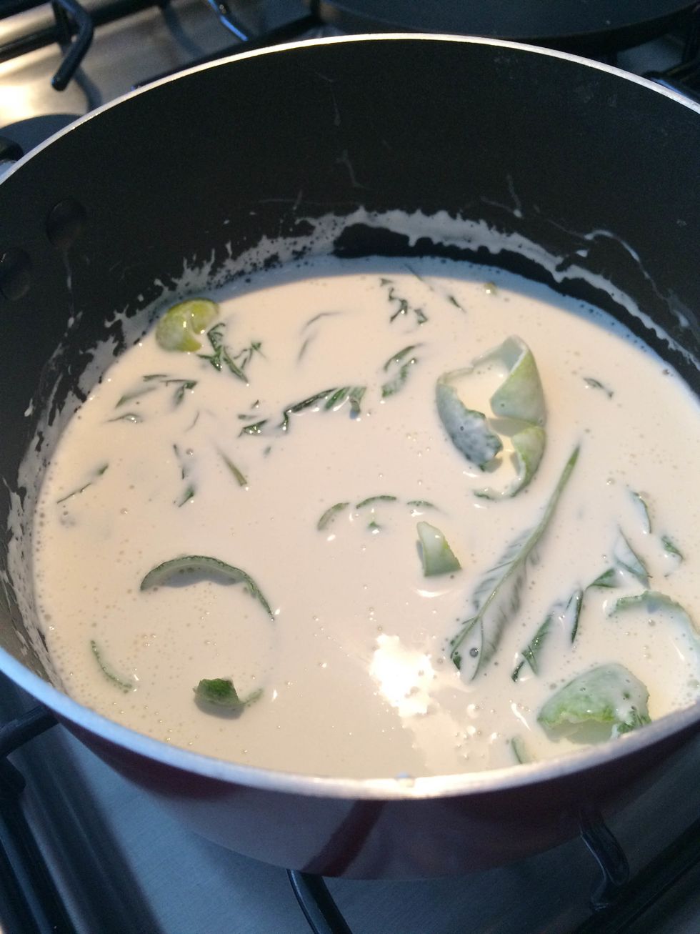 Put cream, basil an lemon peel in a non stick pan over very low heat until a bit of steam comes out. Stir. Let it boil for a minute preventing the cream from burning. Take out the twigs and peel.