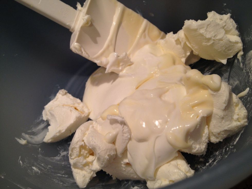 Put cream cheese, mayonnaise, and sour cream in a large bowl. If you prefer it more creamy, try less cream cheese and more mayo/sour cream.