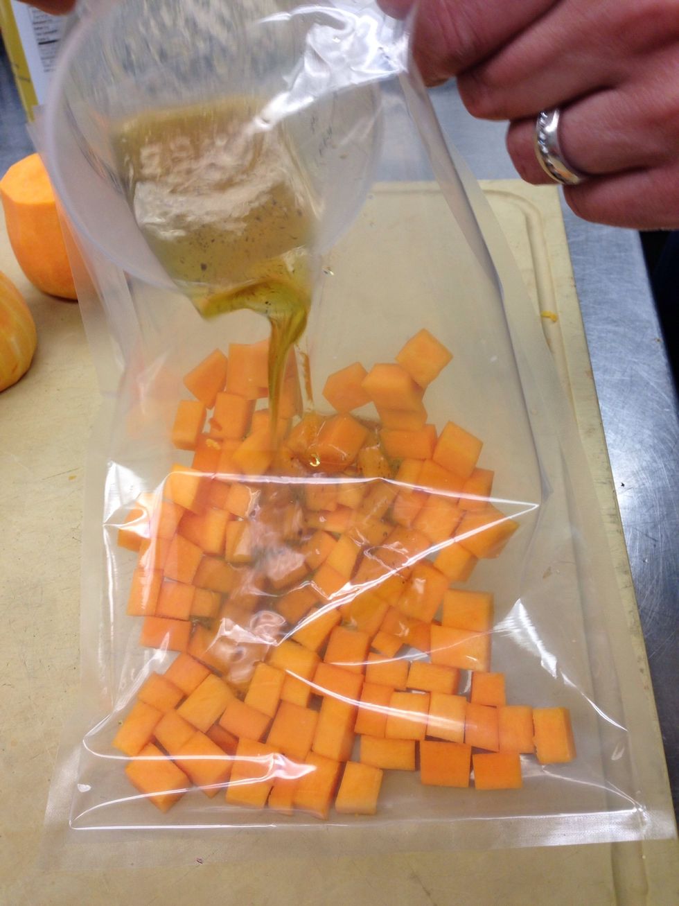 Put diced squash in a sous vide bag with 1 part truffle oil/1 part agave nectar. Add a little salt and pepper.
