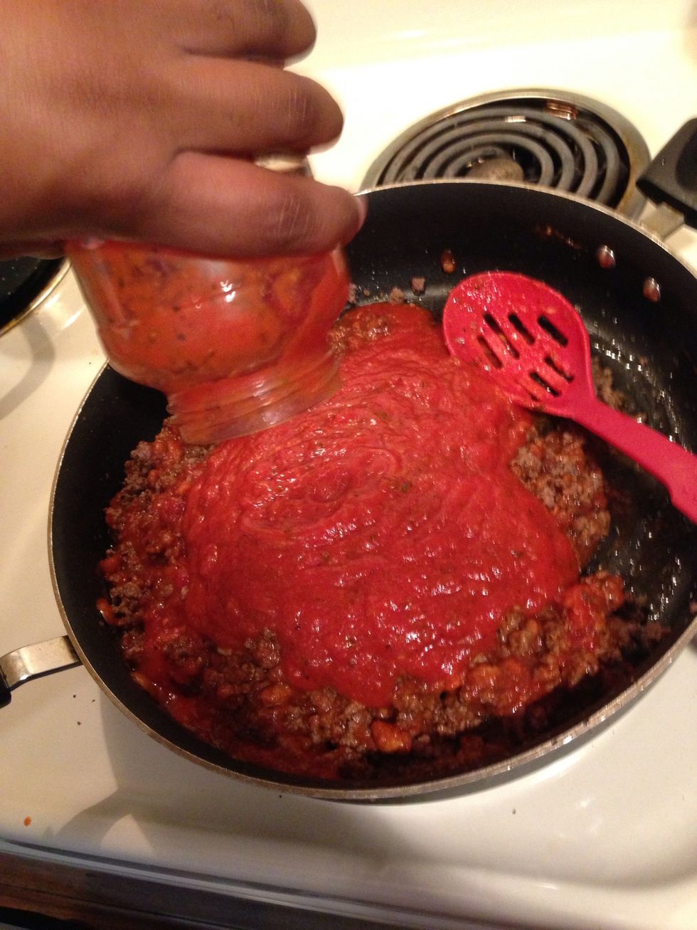 Put drained beef back in pan n add sauce