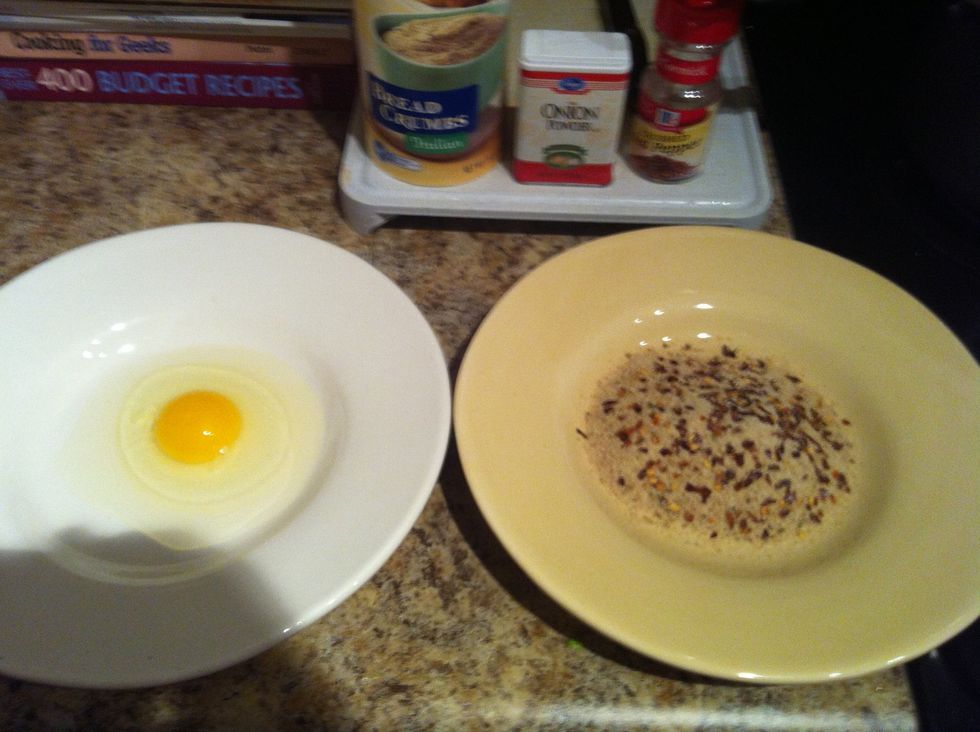 Put eggs and bread crumb mixture on separate plates. Beat egg and mix dry ingredients separately.