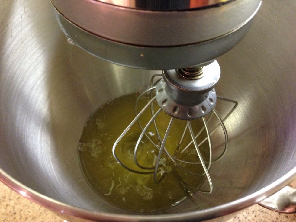 Put eggs in mixing bowl with wire whip.