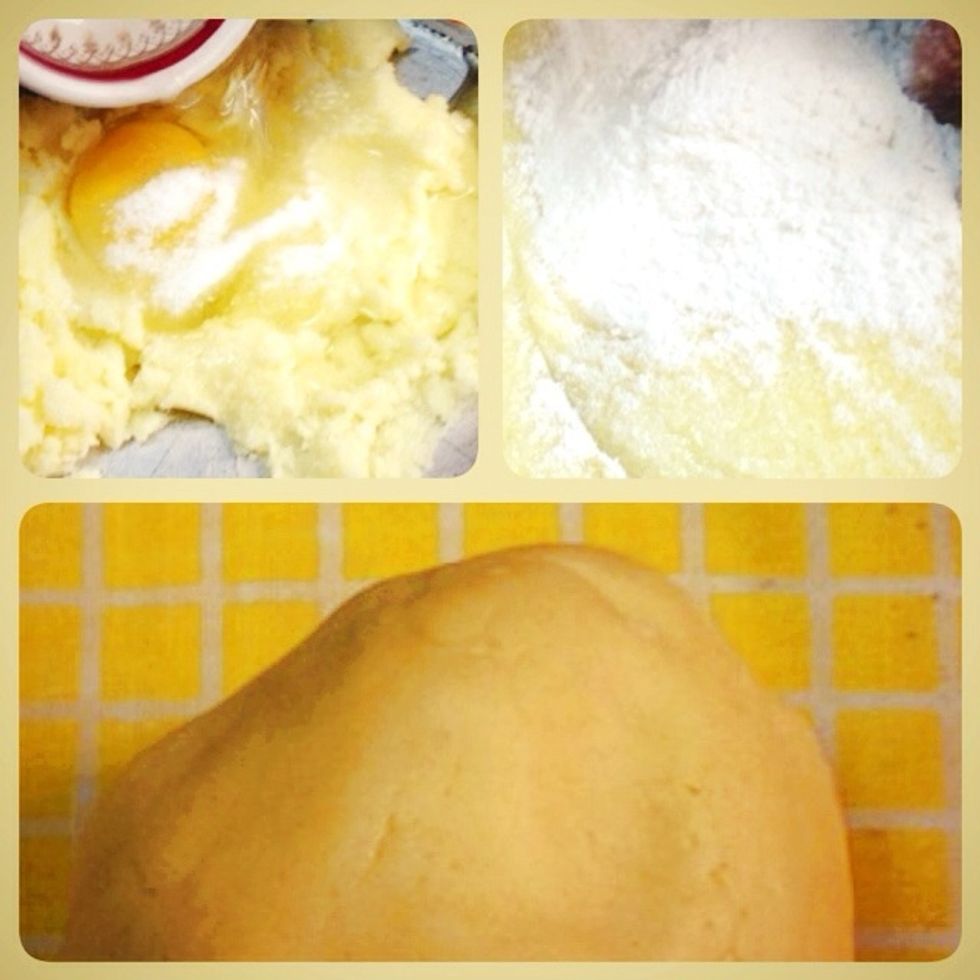 Put eggs, Vanilla powder and Water then mix. Put 1,1/2 cup of flour at first then mix. Put more flour to the dough until no sticking.
