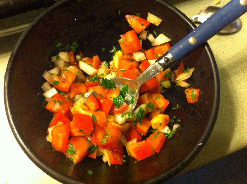 Put everything in a bowl, add your citrus juice and season with salt and pepper to taste. Give it a stir and let set for a little bit. I like to make it before my meal and its ready when I want it.