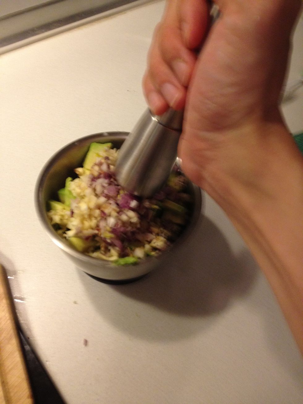 Put everything in a mortar or a bowl and mash away
