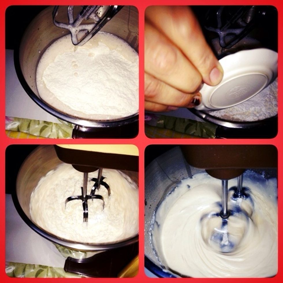 Put flour, baking powder and mix.