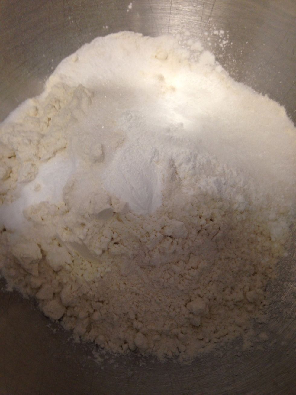 Put flour, sugar, baking powder, baking soda, and salt in a mixing bowl. Mix