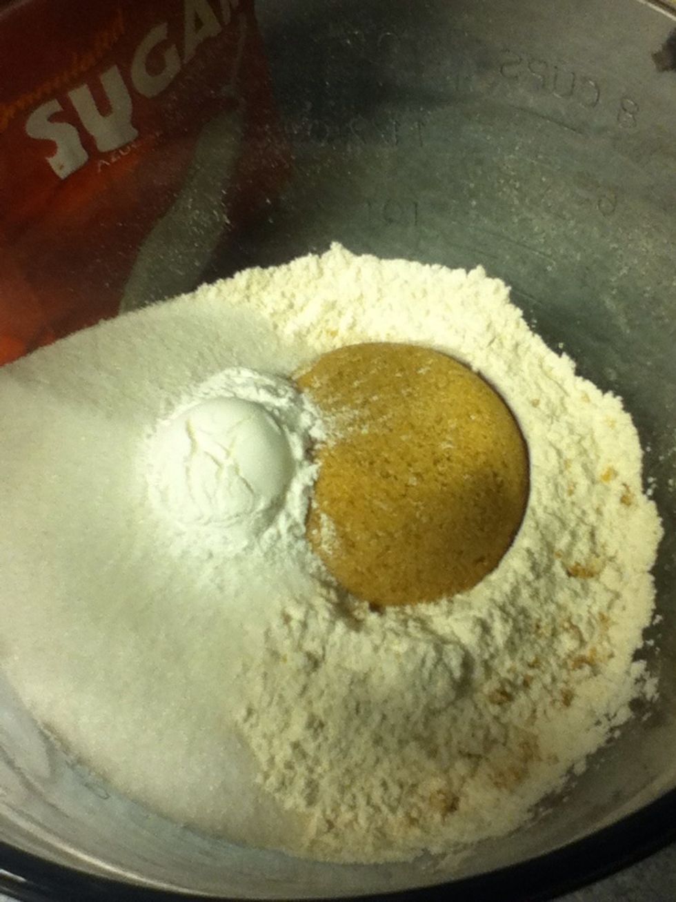 Put flour, sugars, and baking powder..