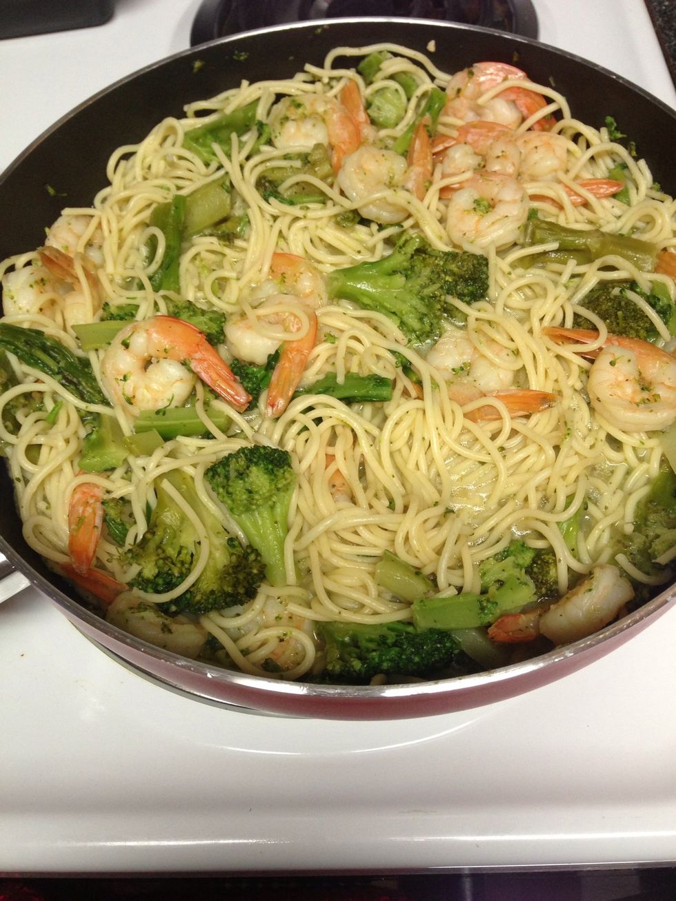 Put frozen broccoli & shrimp into pan & heat until everything is cooked through. In this photo everything was cooked & then I added the pasta. Added it before I thought to snap a pic without pasta!