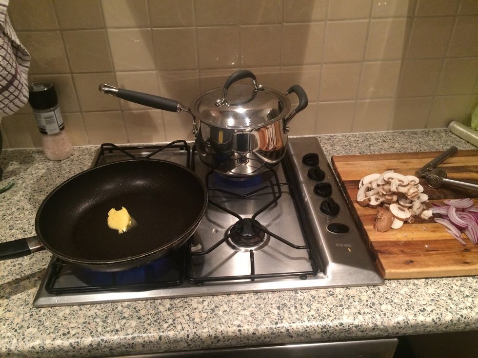 Put frying pan in heat with nob of butter