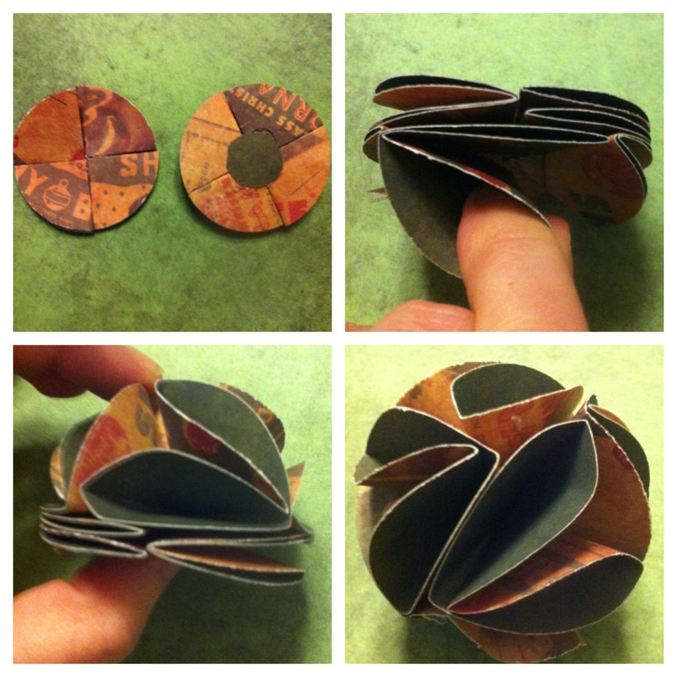 Put glue on little dot & stick 2 parts together. Use finger to open up each section. I glued the folded circles in same direction & I offset the 2 parts when I glued them. I don't think it matters.