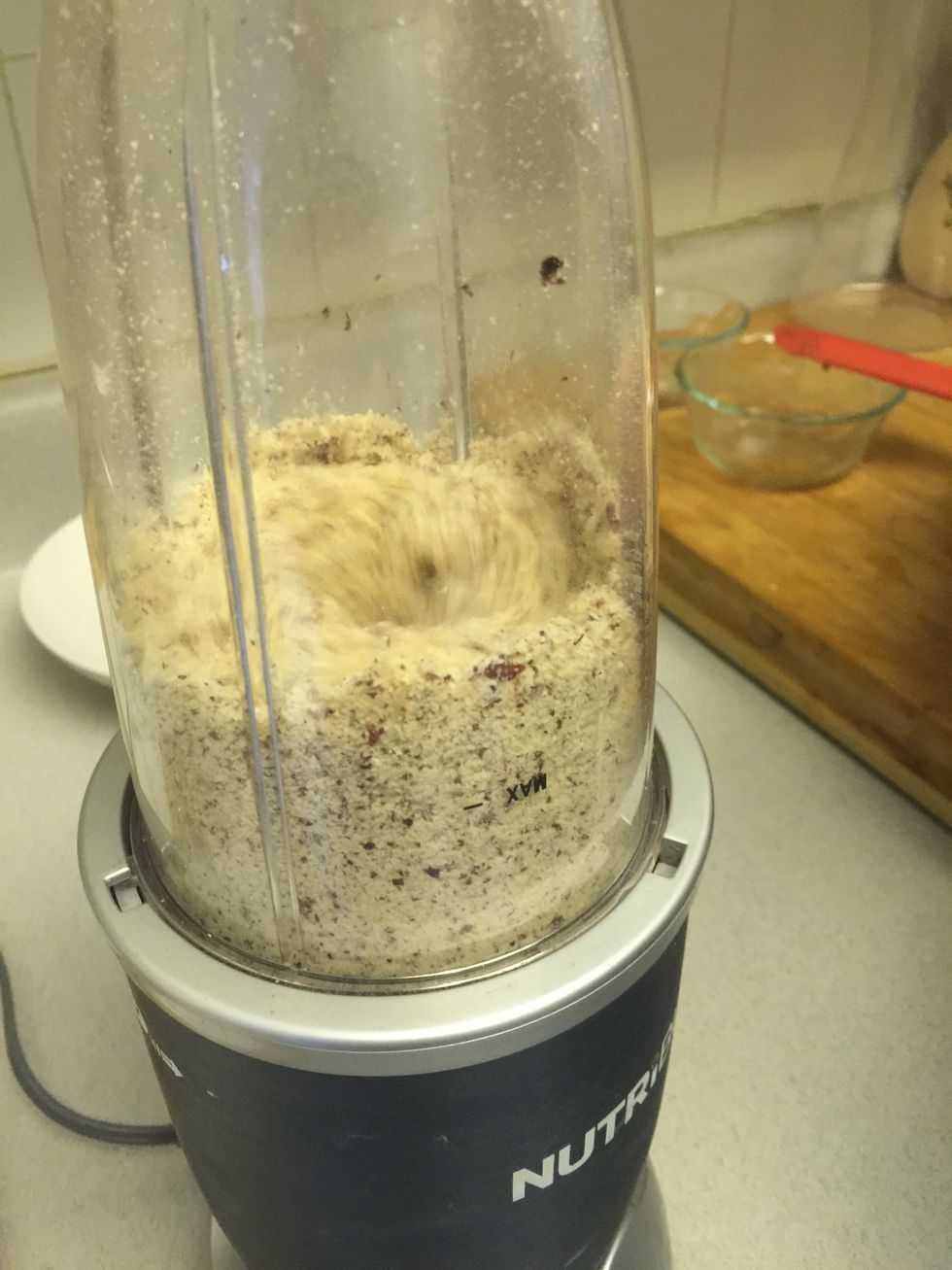 Put hazelnuts in mixer, and mix into hazelnut powder