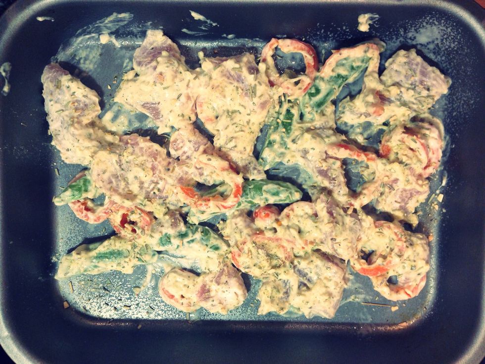 Put in a baking tray with fry light and heat for 15 mins on 175 degrees celcius.