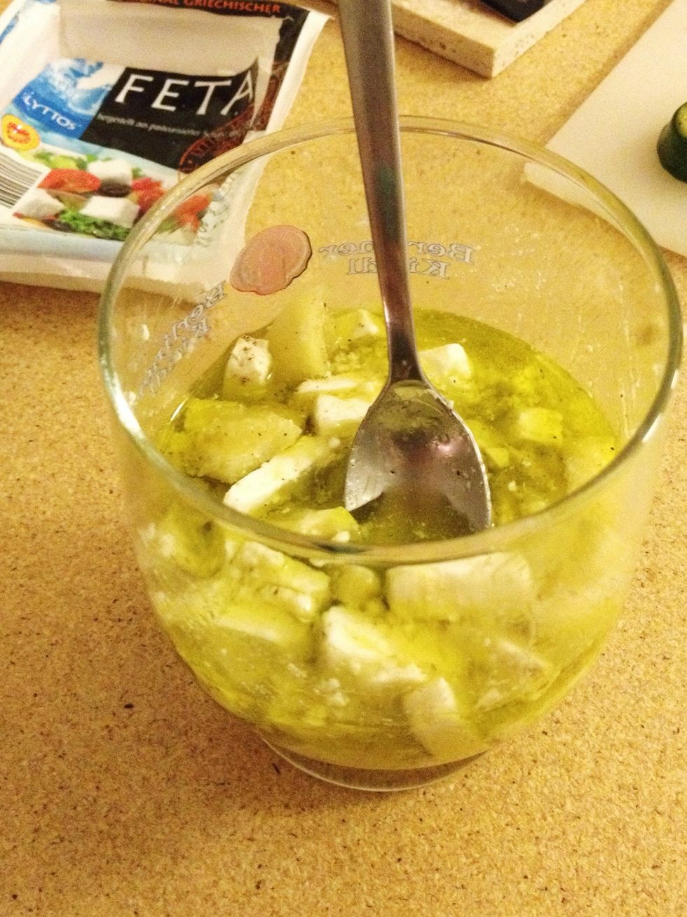 Put in a glass / cup / jar, mix and cover with olive oil. If you want it more zesty and less oily, use a bit less oil and add more lemon juice.