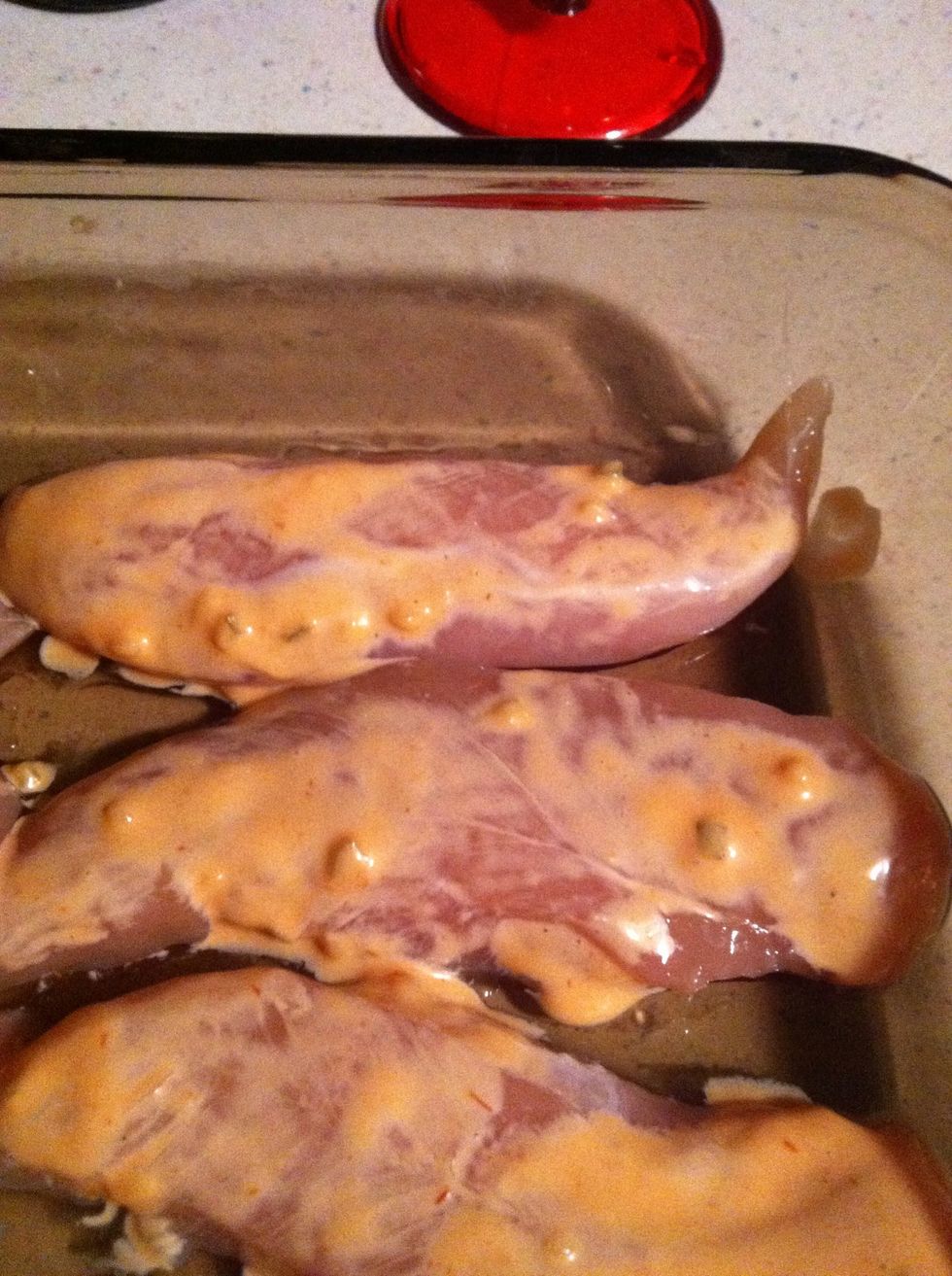 Put in any glass pan, they can be touching. Smooth a layer of thousand island dressing over the chicken. Use as much as you want! It's yummy :)