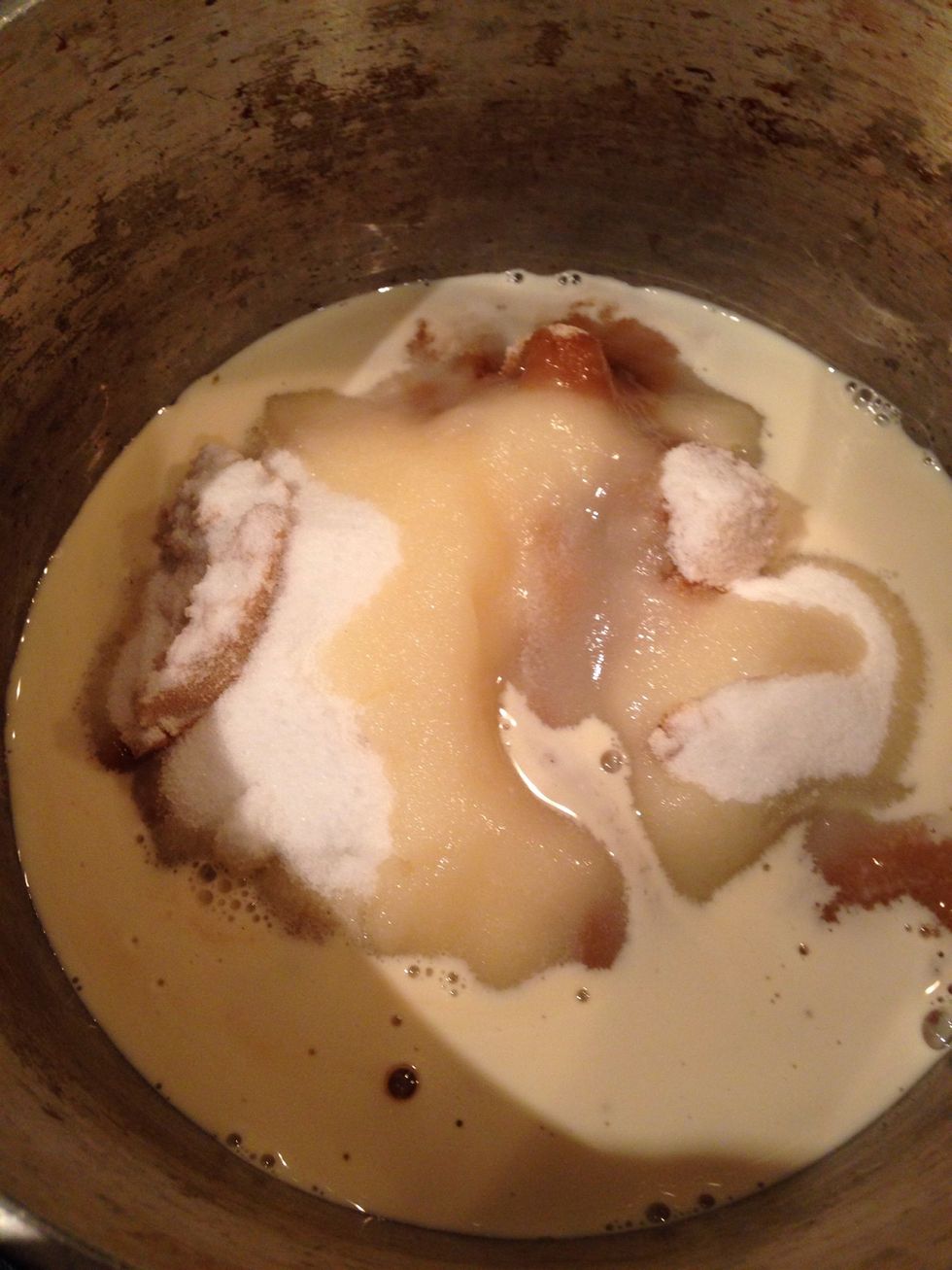 Put in both sugars and the milk into the pot and mix it- with a wooden spoon--on medium heat. *Use a medium sausepan